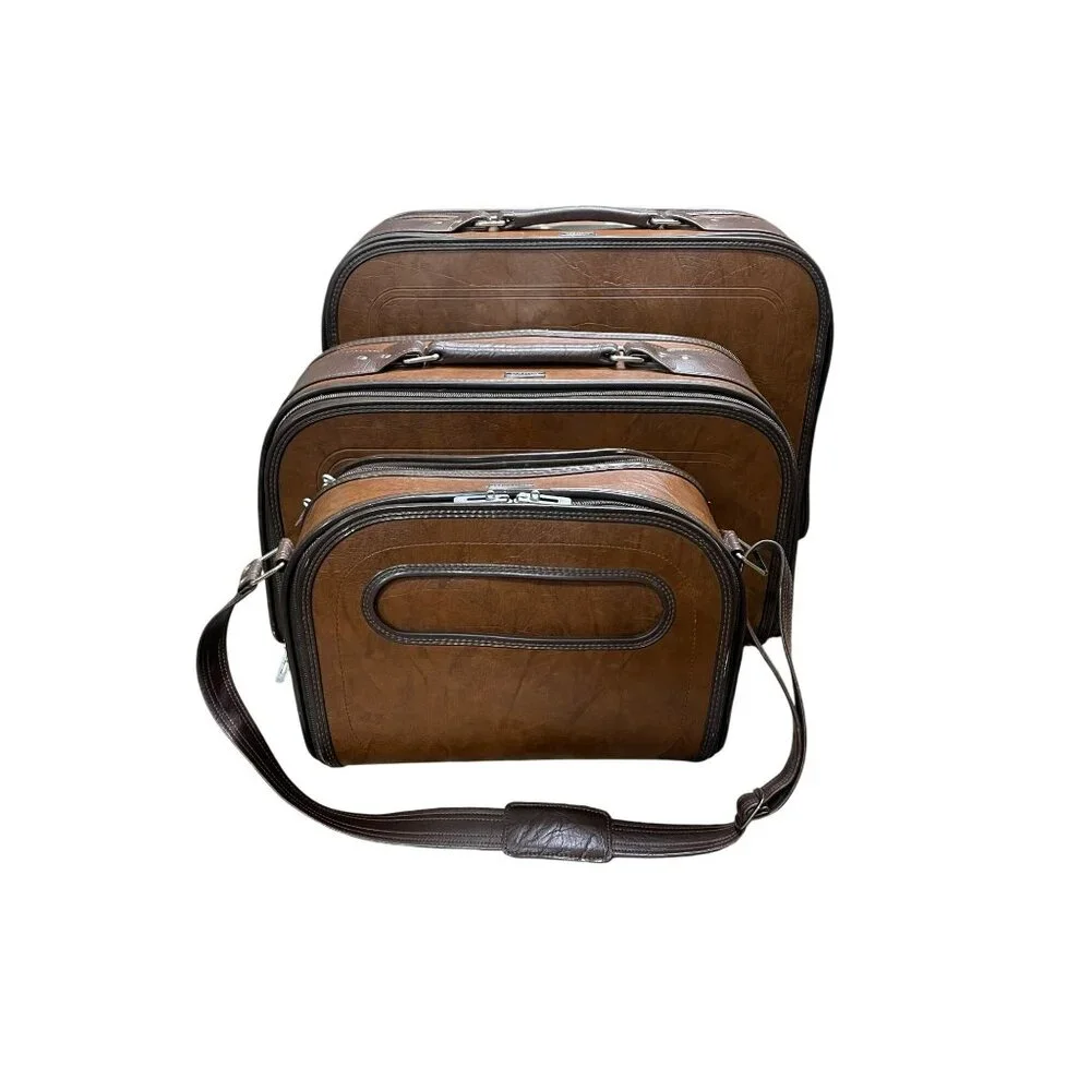 Vintage Samsonite Travel Bureau Brown Leather 3-Piece Luggage Set With Zipper Cl